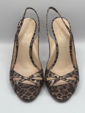 Casadei Leopard Print Patent Leather Black/Brown Slingback Peep-Toe Heels Sz 9B